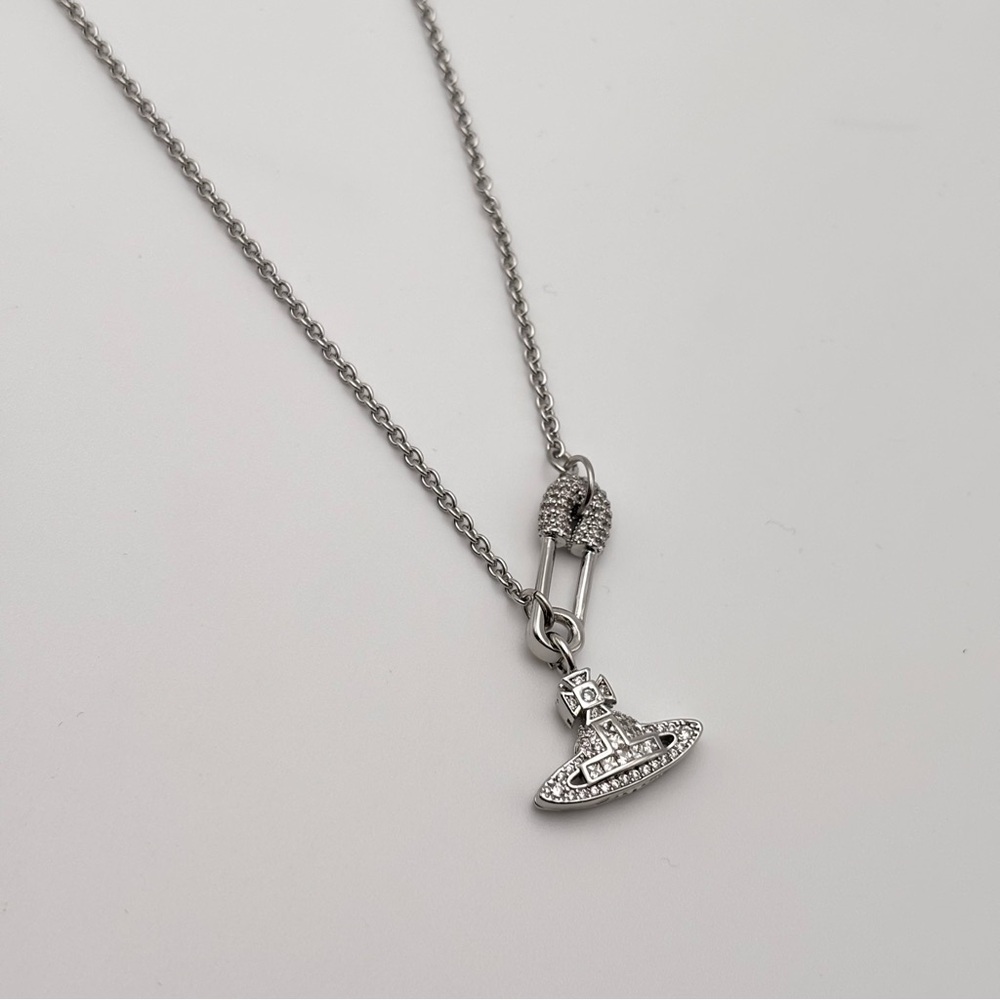 Vivienne Westwood Crystal Orb Safety Pin Necklace – Silver Tone - Picture 2 of 6